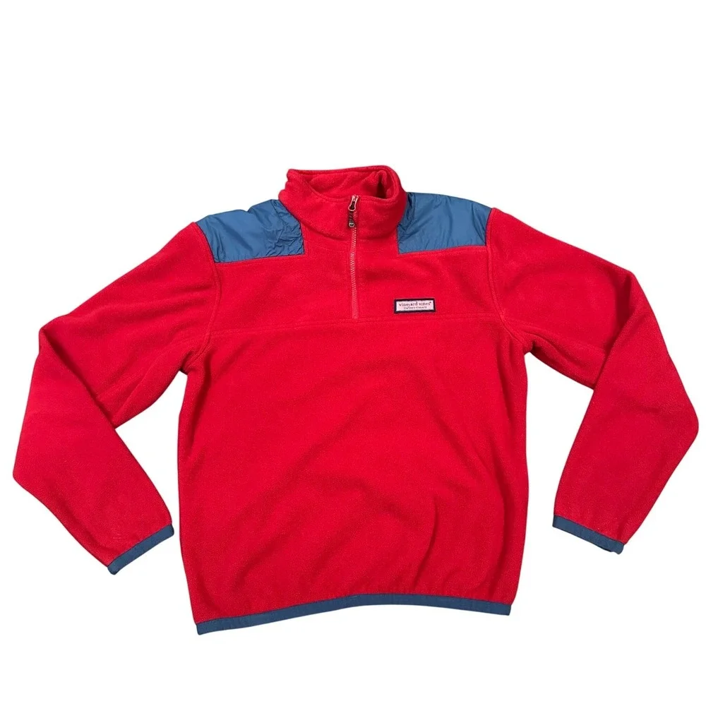 Vineyard Vines Mens Red Fleece Quarter Zip Pullover Contrast Yoke 100058 Small